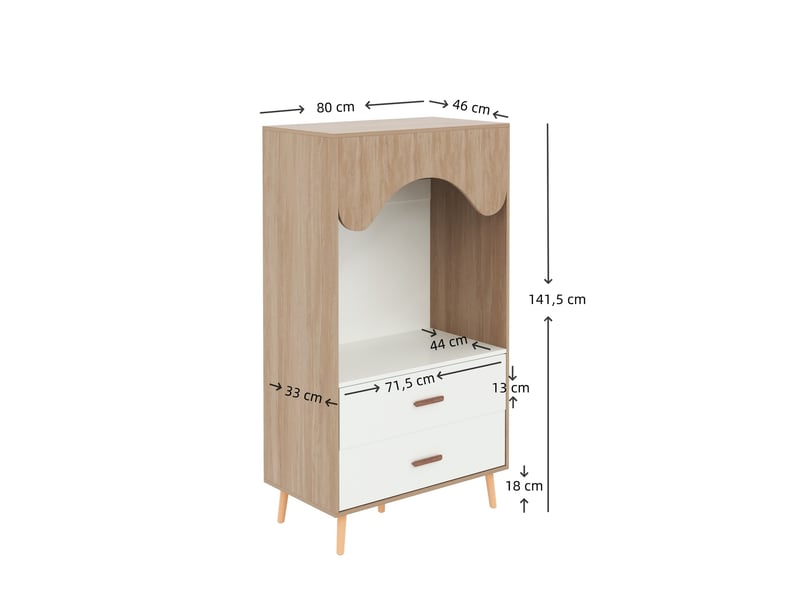  Armoire ouverte avec tringle et 2 tiroirs pour chambre d'enfant, en mdf blanc et bois naturel, 80 × 46 × 141,5 cm  - Conforama E