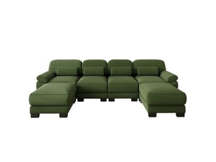 Canapé panoramique modulable 336 cm 4 places avec 2 poufs, design carré épuré, base et accoudoirs à matelassage en canaux, velours côtelé, vert