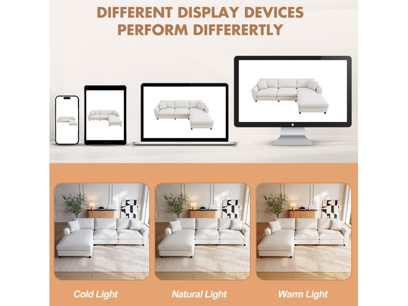 Canapé d'angle 3 places modulable avec méridienne réversible et assise large en chenille beige, 256 × 137 × 79 cm  - Conforama E