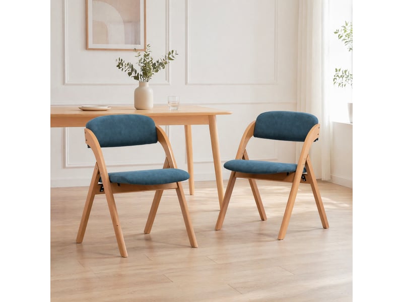  Chaises de salle à manger pliantes lot de 2 avec assise rembourrée  - hêtre massif et lin bleu  - Conforama C