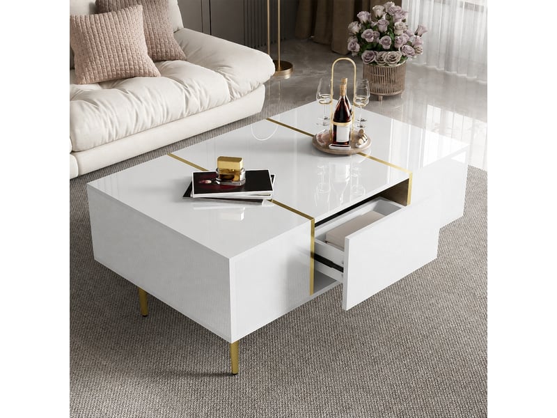  Table basse blanche brillante avec 2 tiroirs, style moderne, 100 x 60 cm  - Conforama B
