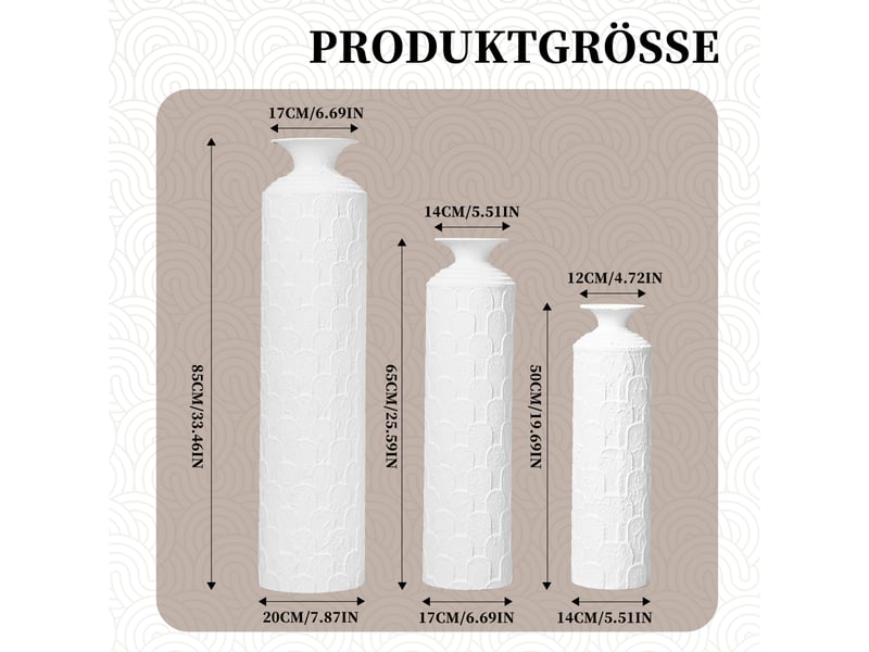 Lot de 3 vases de sol en métal blanc, h 50, 65 et 85 cm, texture en relief pour fleurs séchées décoratives - Conforama C