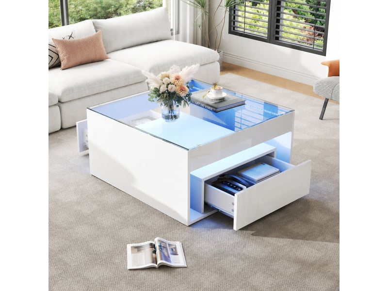  Table basse led blanche, carrée 70 x 70 x 35 cm, verre trempé, 2 tiroirs, mdf brillant  - Conforama B