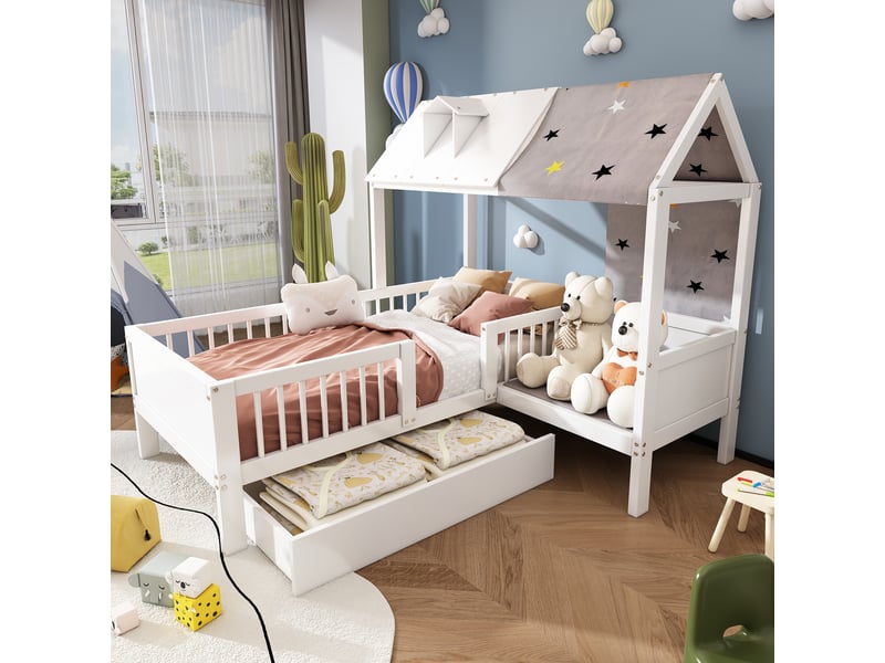 Lit enfant en bois en forme de maison, lit simple, multifonctionnel, avec toile de tente et coussins, tiroirs en dessous, sans matelas, 90*200, blanc[  - Conforama B