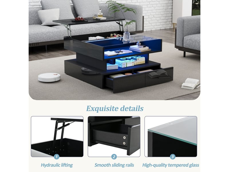  Table basse 80x80, plateau verre trempé table basse salon, rangement intégré, led intégrées, plateau relevable  - Conforama E
