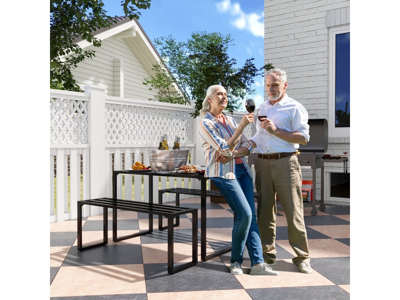  Ensemble de mobilier de jardin pour 4 personnes, 1 table et 2 bancs, métal, noir  - Conforama C