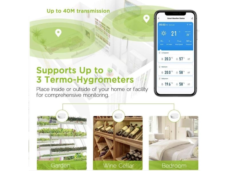 Station météo wlan sans fil avec 3 capteurs extérieurs thermomètre hygromètre station météo sans fil compatible avec smart life app, google weather sy - Conforama D