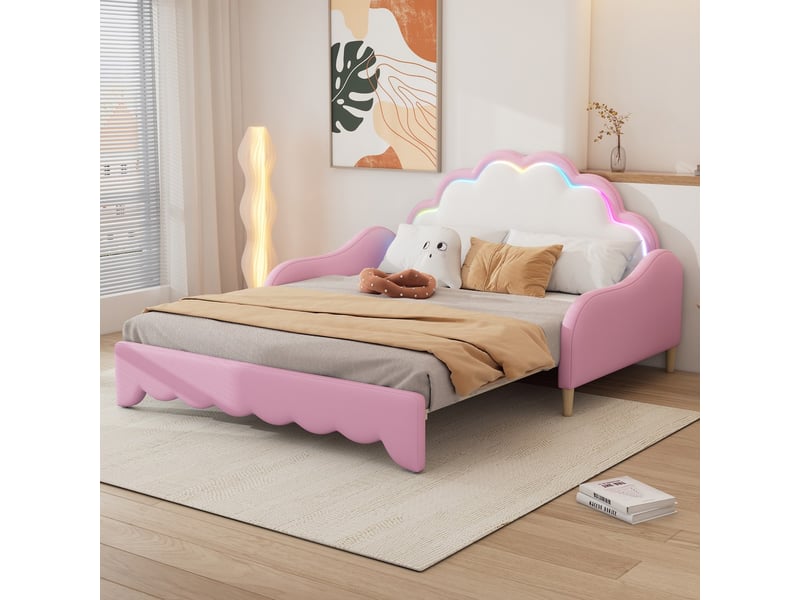  Lit banquette 140x200cm convertible en couchage tête de lit avec lumière rose  - Conforama B
