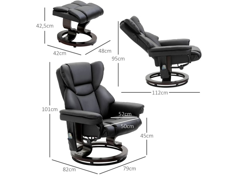  Fauteuil relax massant inclinable 145° avec repose-pieds en similicuir noir  - Conforama C