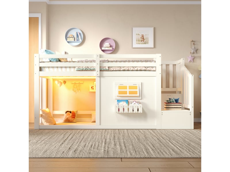 Lit mezzanine 90x200 cm lit cabane enfant en pin, escalier de rangement, fenêtre, led, blanc evarich - Conforama E