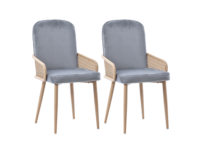  Lot de 2 chaises de salle à manger en velours couleur grise et dossier rotin  - Conforama A