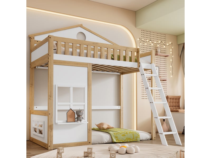  Lit superposé 90x200 cm cabane enfant - avec fenêtres et toit, barrière de sécurité et espace libre dessous - sans matelas - bois pin + mdf - blanc et naturel  - Conforama B
