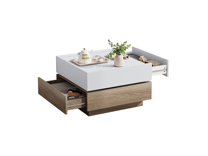 Table basse pivotante avec 2 tiroirs et plateau 360°, structure à 2 niveaux, pour salon, 60 × 60 × 38 cm  - Conforama A