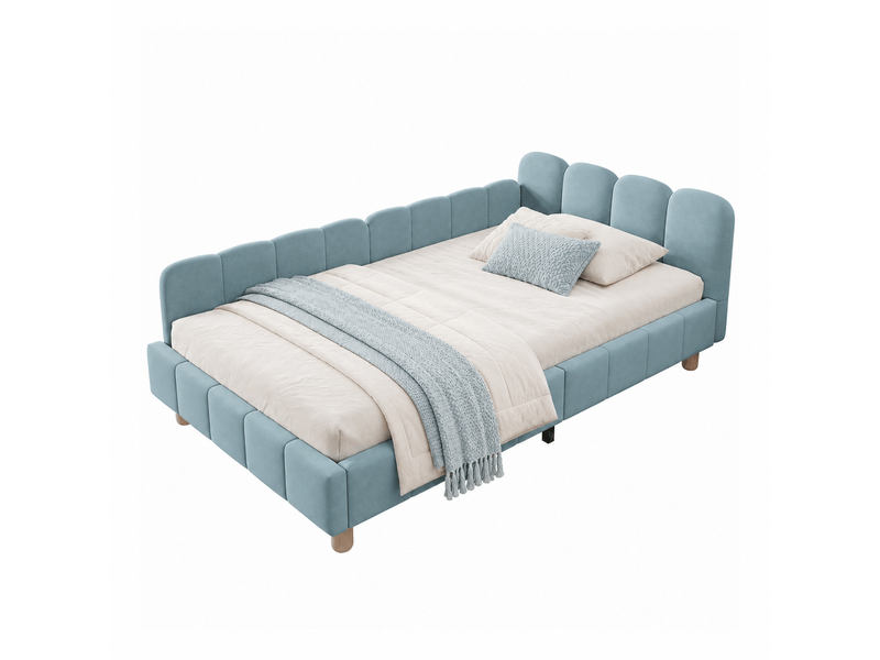  Lit simple bleu en velours, 90x200 cm, lit enfant avec tête ergonomique et rangement dans accoudoirs  - Conforama E
