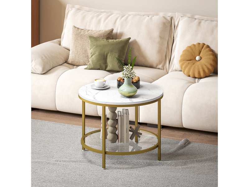 Table basse ronde dia. 60 cm avec étagère verre trempé métal doré plateau effet marbre blanc  - Conforama E