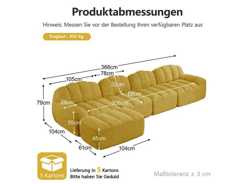 Canapé d’angle coquille 4 places avec pouf jaune – 366 x 165 x 79 cm Fay Lum - Conforama C