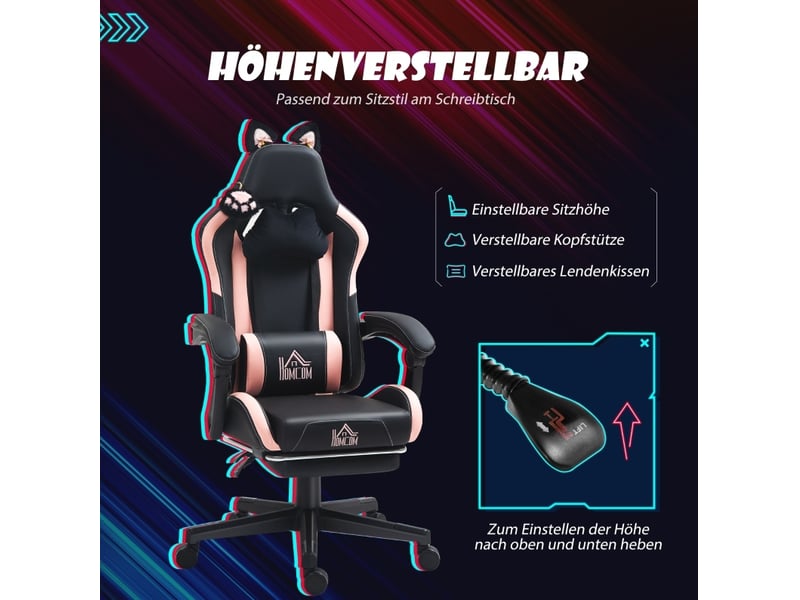  Fauteuil gaming avec oreilles de chat, inclinable, repose-pieds extensible, jusqu'à 120 kg, rosenoir  - Conforama D