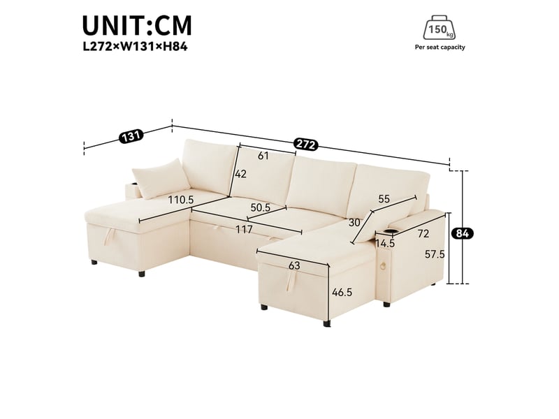  Canapé-lit modulable 4 places en u 272x131 cm – beige – rangement, couchage et porte-gobelets intégrés  - Conforama C
