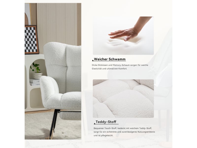  Nouvelle chaise berçante rembourrée en tissu teddy tissée avec repose-pieds escamotable, blanc  - Conforama E