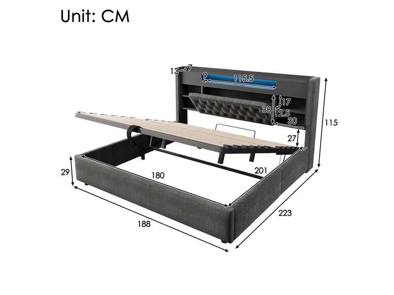  Lit coffre 180x200 cm, lit double, rangement hydraulique, étagères, led, lin gris, usb et usb-c  - Conforama B