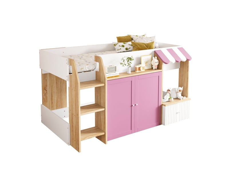  Lit enfant 90x200, accès sécurisé lit cabane enfant, rangement intégré, structure bois massif, couchage d'appoint  - Conforama D