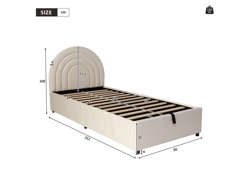  Lit coffre rembourré 90x200cm coloris beige velours lit enfant beige - Conforama C