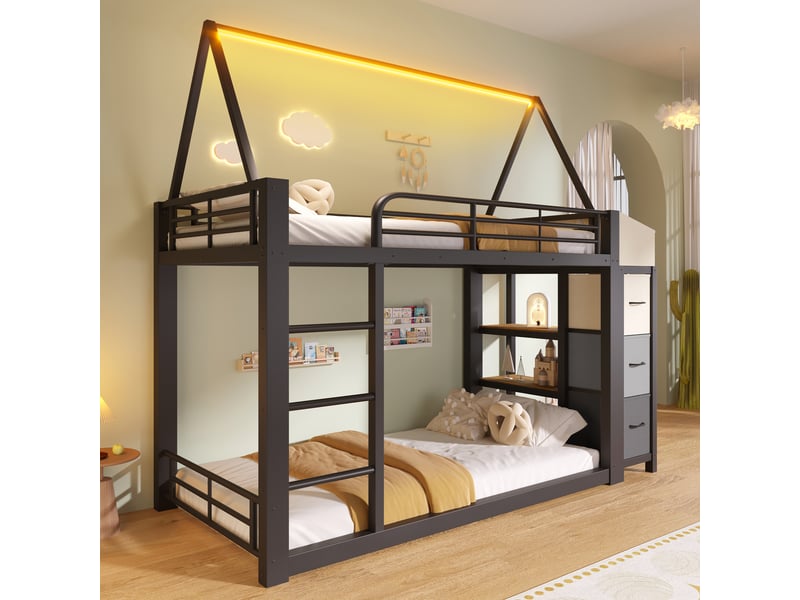  Lit mezzanine 90x200 cm, lit combiné, tiroirs de rangement, rangements intégrés, éclairage led, espace inférieur modulable, mdf et métal noir CozyNest - Conforama B