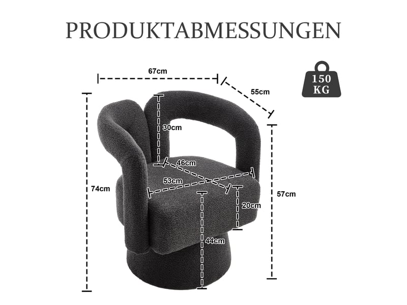  Fauteuil crapaud pivotant 360° 67x55x74cm – fauteuil tonneau lounge au design évidé avec socle en métal – tissu bouclé - anthracite  - Conforama C