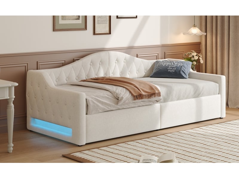  Lit banquette coffre 90 × 200 cm, dossier rembourré, rangement sous sommier relevable, éclairage led, lin beige  - Conforama B