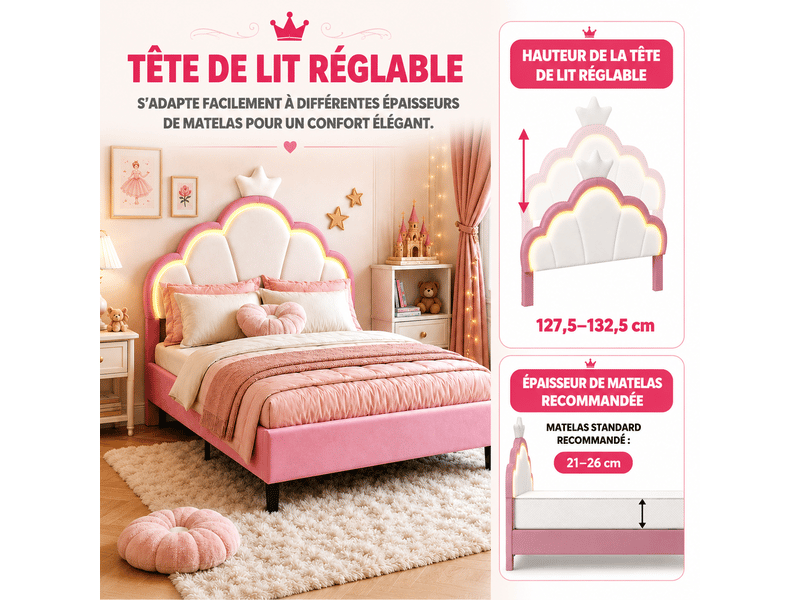 Lit princesse avec tête de lit couronne et lumières led, 90 x 200cm, lit enfant fille avec sommier à lattes,réglage hauteur - Conforama E