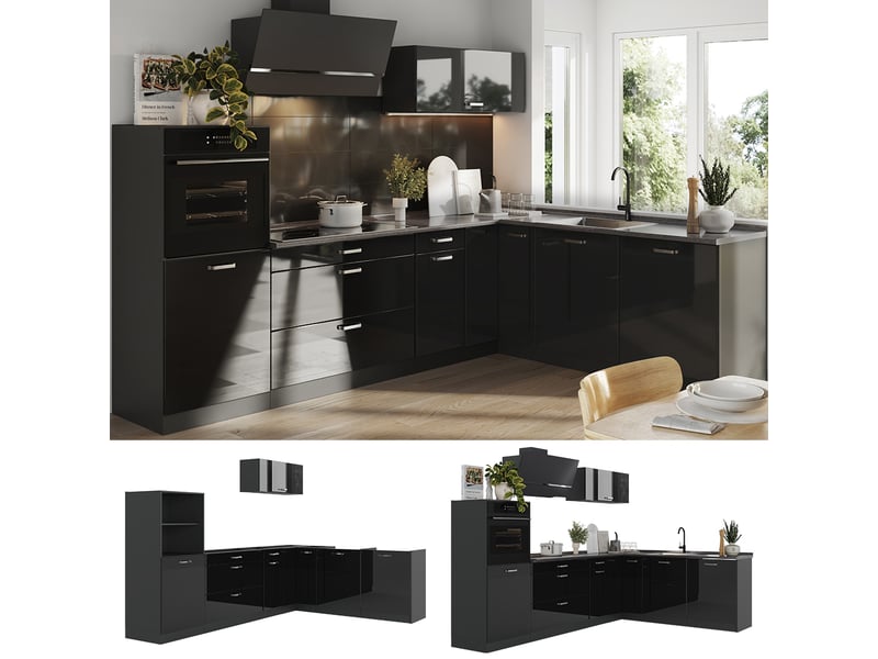  Vicco cuisine en angle, noir haute brillanceanthracite, 287 x cm sans plan de travail  - Conforama D