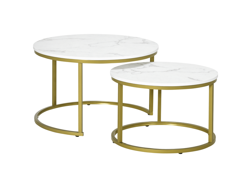  Lot de 2 tables basses gigognes tables rondes plateau aspect marbre et pied en acier  blanc doré 74 x 46,3 cm  - Conforama B