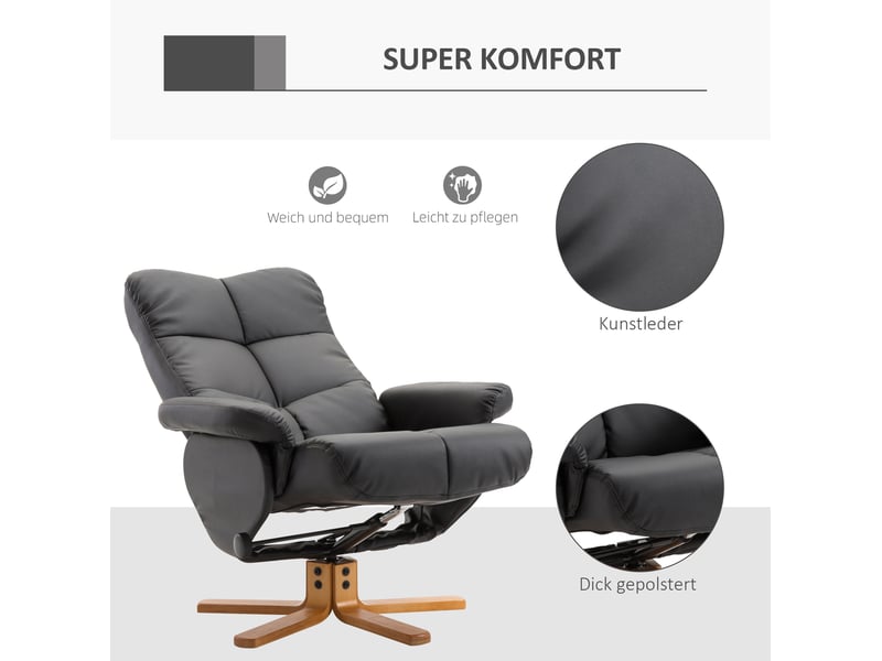  Fauteuil relax avec pouf de rangement, pivotant à 360° et dossier inclinable à 145°, en bois et pu noir  - Conforama D