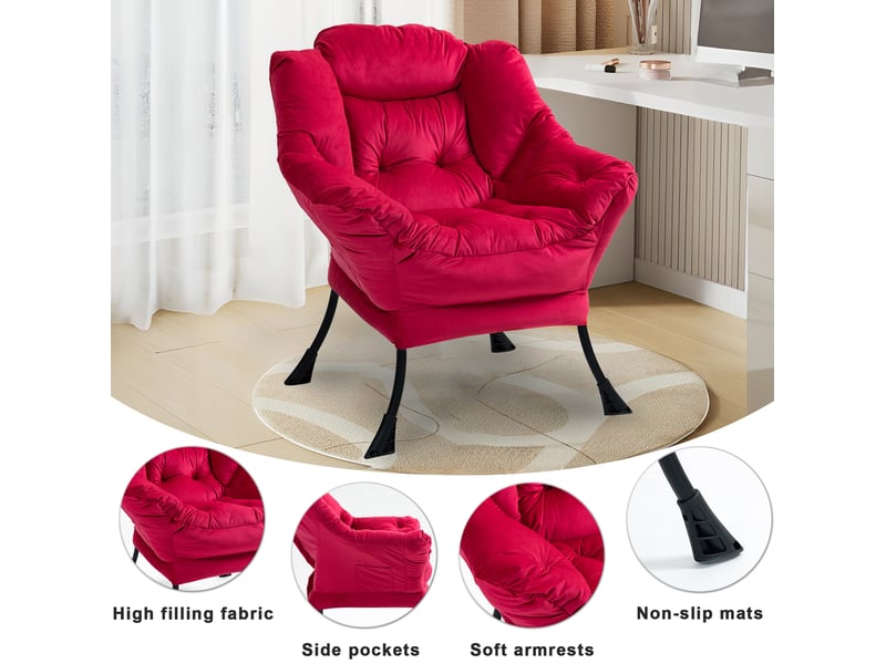  Fauteuil relax avec poche latérale, dossier rembourré et structure en métal, velours brique  - Conforama D