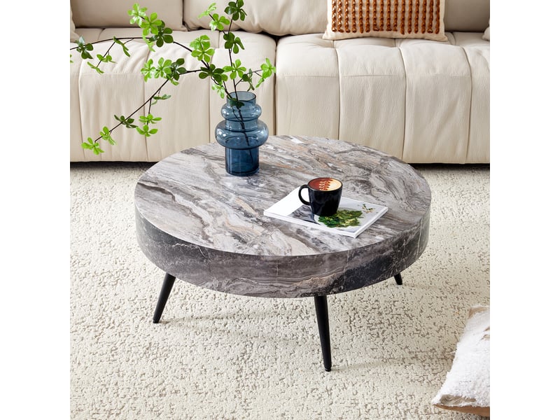 Table basse ronde 70 cm avec pieds réglables et patins antidérapants - lpospi - mdf effet marbre gris, métal noir - Conforama B