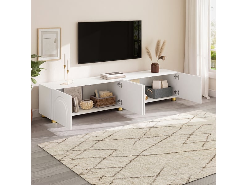  Meuble tv 180x35x40 cm - meuble bas avec 4 portes, façades à relief arqué, rangement pour salon et pieds en métal  - Conforama E