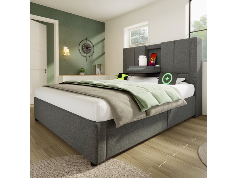  Lit coffre, 90x200 cm, charge, porte gobelet dissimulé, avec rangement, matelas inclus, bois et métal, coloris gris  - Conforama D