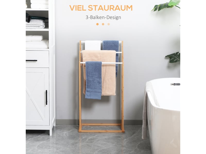  Porte-serviettes sur pied en bambou à 3 barres, couleur naturelle, 48 x 25,8 x 94 cm, pour salle de bain et espace bien-être.  - Conforama D