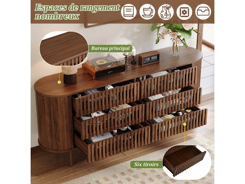  Buffet 160 x 40 x 70 cm à six tiroirs, façade à lames, pieds métal, marron noyer  - Conforama B