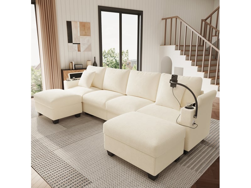  Canapé d'angle modulable convertible 6 places en velours côtelé beige avec usb, rangement et repose-pieds  - Conforama B