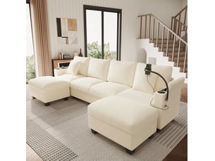 Canapé d'angle modulable convertible 6 places en velours côtelé beige avec usb, rangement et repose-pieds