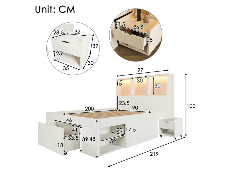 Lit avec rangement 90x200 cm blanc table chevet mobile 1 pièce lit simple bois éclairage led recharge usb-c adolescent tiroirs étagères avec matelas  - Conforama C
