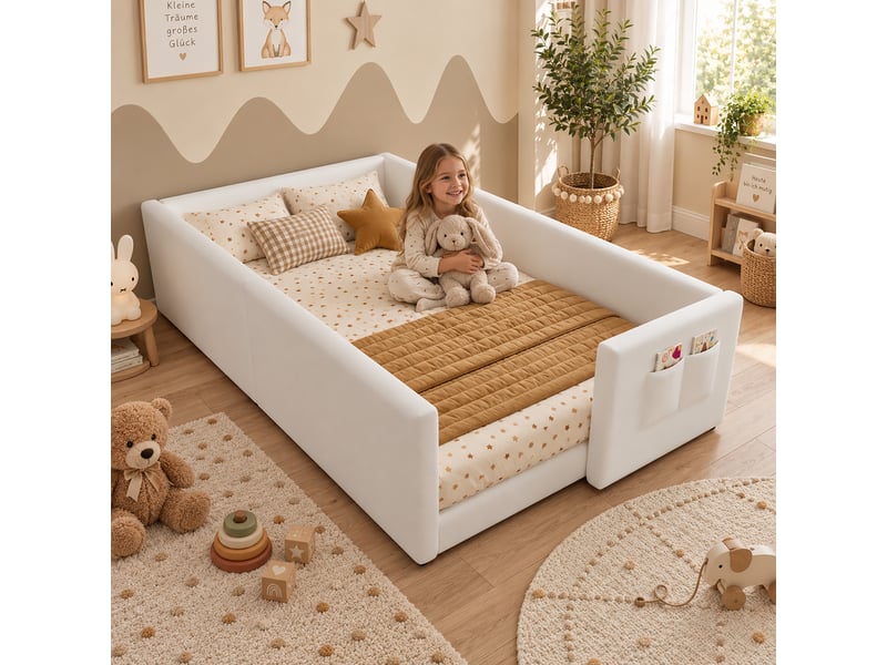 Lit enfant 90x200 cm, lit au sol rembourré en velours, lit bas montessori avec poche latérale, cadre doux quatre côtés, blanc - Conforama E