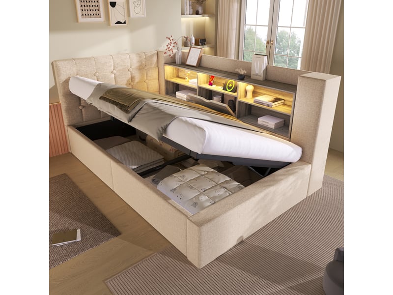 Lit coffre 90x200 avec matelas, tête en l réversible, led et usb, lin beige - Conforama B
