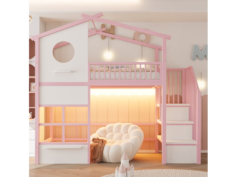 Lit mezzanine tcqpz 90 x 200 cm escalier de rangement led rose et blanc - Conforama B