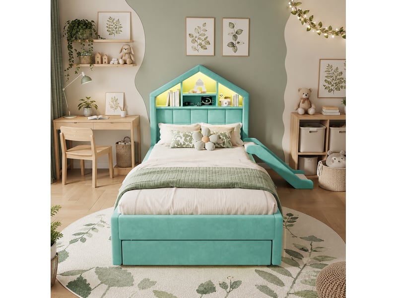  Lit enfant 90x200 cm avec toboggan réversible, éclairage led, rangement et tiroir, velours bleu-vert sans matelas  - Conforama D