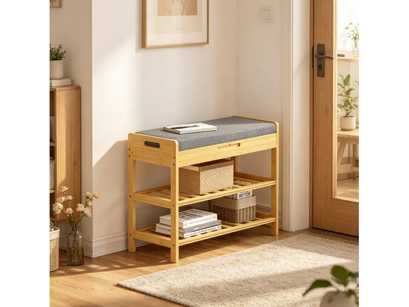  Banc de rangement à chaussures avec assise rembourrée, 2 étagères et compartiment caché, en bambou et lin gris, 68 × 30 × 50 cm  - Conforama C