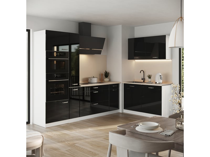 Vicco cuisine en angle, noir haute brillanceblanc, 230 x 120 cm plan de travail marbre - Conforama C