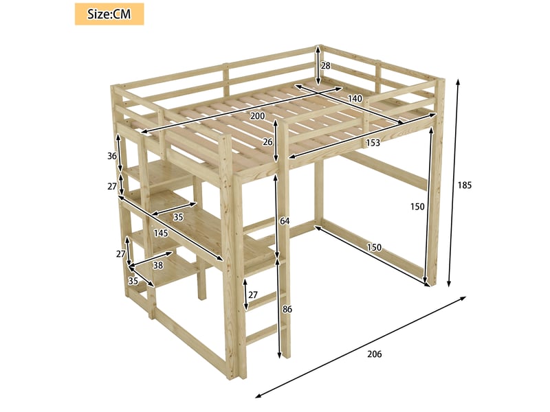  Lit mezzanine 140x200 cm avec 4 casiers et un plateau de bureau, lit enfant avec espace de rangement, en pin, finition naturelle  - Conforama R