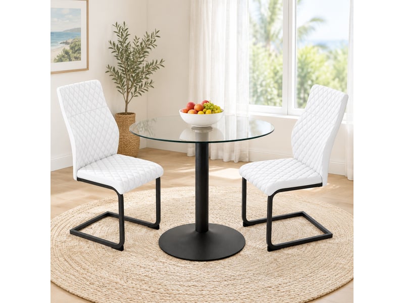 Ensemble table et chaises avec 1 table ronde et 2 chaises - verre, métal et pu - noir, transparent, blanc - Conforama B